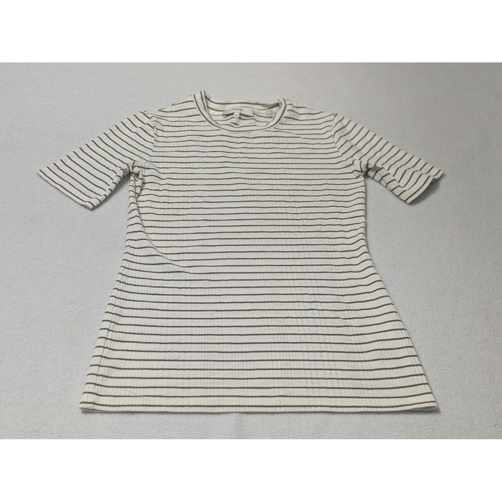 Vince Shirt Womens XS White Brown Striped 3/4 Sleeve Ribbed Crew Neck Top Casual